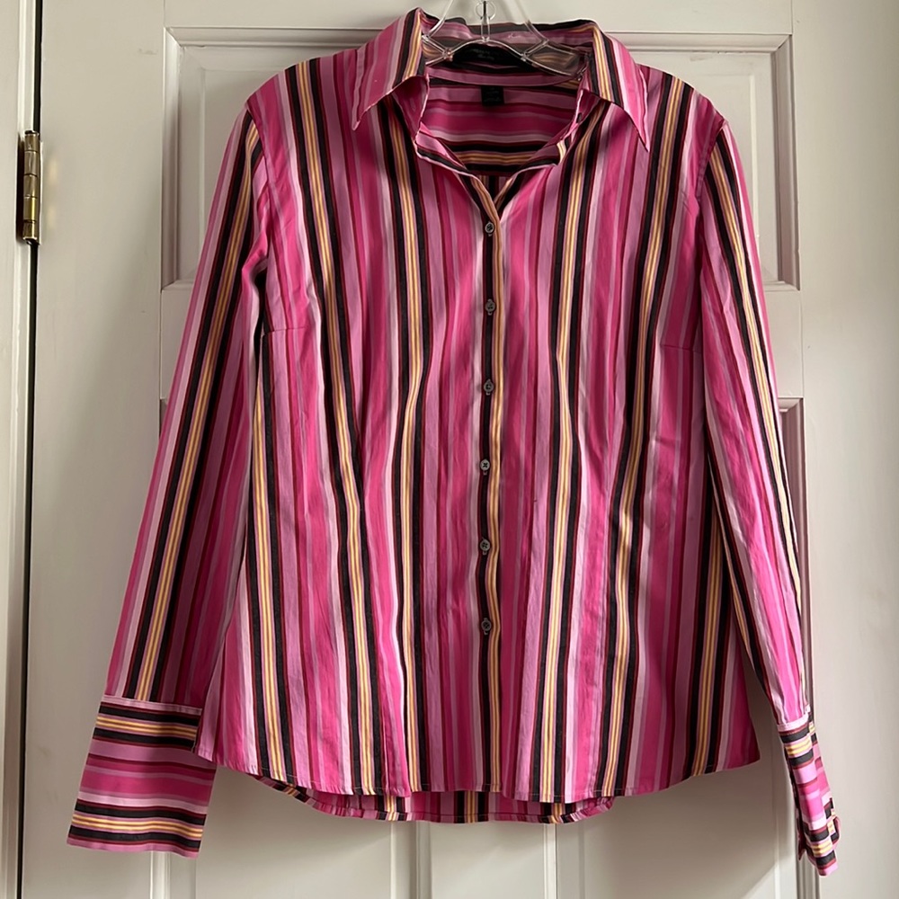 Express Women’s sz 12 button down top in pink with yellow, black & purple stripe